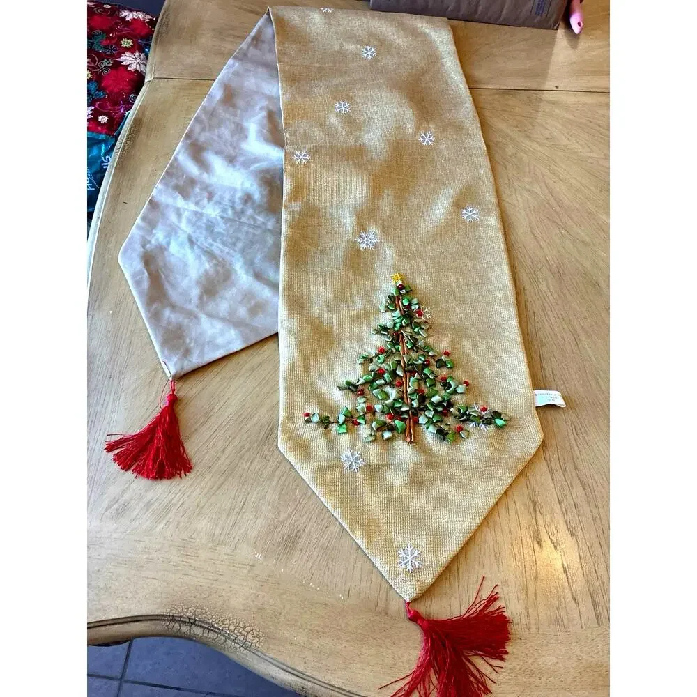 Christmas Table Runner Gold Sparkle Ribbon Embroidered Tree Tassels XMAS 72 X 13
